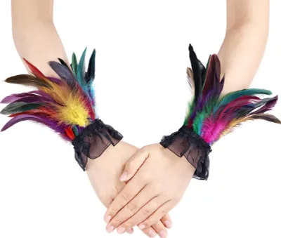 Produktbild von Damen-Handgelenkmanschetten mit Federn, Gothic-Feder-Fingerlose Handschuhe, Armband, Netzmanschette für Halloween, Cosplay, Kostümzubehör