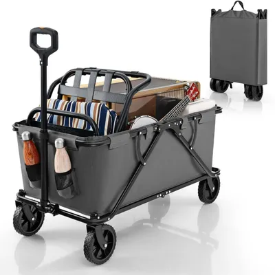 Image de Chariot pliable - Chariot de transport pour le camping - Poignée réglable - Porte-boissons - Sac de rangement - Gris