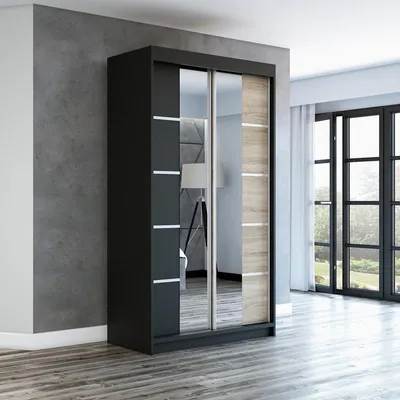 Produktbild von Schwebetürenschrank Kleiderschrank ERA 120 cm Schrank Garderobe Spiegel.Verschiedene Farben (Weiß, Schwarz, Somona). Möbel vom Hersteller!