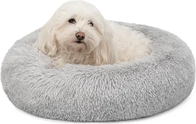 Immagine prodotto di lionto Donut dog bed, divano rotondo per cani con rivestimento in peluche e borchie antiscivolo, morbido e accogliente, diametro 50 cm, grigio chiaro
