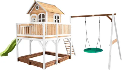 Produktbild von AXI Spielhaus Liam mit Sandkasten, Nestschaukel & hellgrüner Rutsche | Stelzenhaus XXL in Braun & Weiß aus  Holz für Kinder | Spielturm mit Wellenrutsche & Schaukel für den Garten