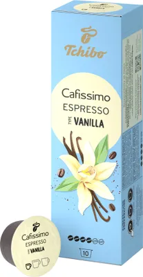 A box of Tchibo Cafissimo Espresso Vanilla coffee capsules and one capsule.