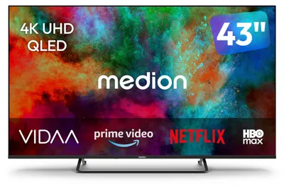 Produktbild von MEDION 108 cm (43 Zoll) QLED Fernseher (Smart-TV, Dolby Vision HDR, HBO Max, MagentaTV, Prime Video, Disney+, DAZN, Paramount+, Dolby Atmos, VIDAA Store, PVR, Bluetooth, MD 843602)