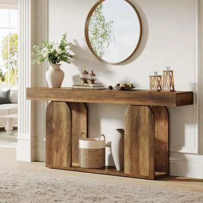 Image de Tribesigns Table console, 160 x 30 x 85cm Table console en bois, table de salon avec socle en U, 2 niveaux de sofa pour entrée, couloir, marron clair
