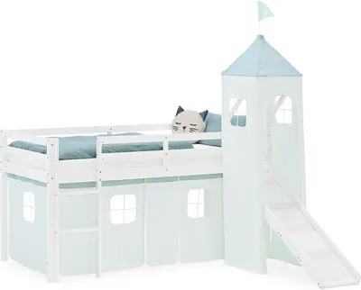 Image de Lit superposé 90x200 cm avec Toboggan Lit mezzanine en Bois Pin Massif Lit d'enfant Cadre de Lit Rideau Tour Vert