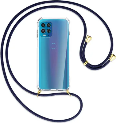 Produktbild von Handykette Backcover-Schutzhülle mit Band (Metall goldfarben) für Motorola Moto G100 - dunkelblau