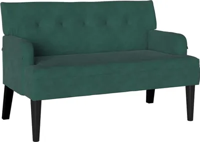 A dark green velvet Chesterfield sofa is shown from the front against a white background.