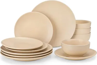 Zdjęcie produktu dla Zestaw naczyń Celestia – zestaw 12 sztuk – 4 osoby – beżowy – talerze obiadowe – serwis stołowy – talerze do zupy – talerze śniadaniowe – serwis – serwis kuchenny