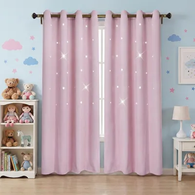 A child's bedroom with pink curtains, shelves with toys, and a bedside table with a lamp.