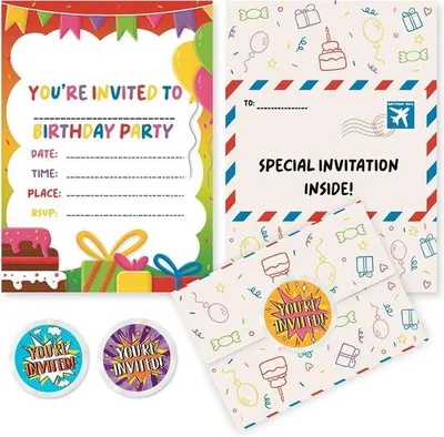 Productafbeelding van Famanu uitnodigingskaarten voor kinderfeestjes, inclusief enveloppen en holografische stickers - 40 stuks