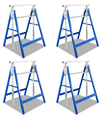 Image de Ensemble de 4 supports de travail réglables en hauteur de 80 à 130 cm, supports pliables en acier, capacité de charge totale de 400 kg, couleur bleue