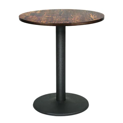 A round dining table with a wood-look top and a black metal base, isolated on a white background.