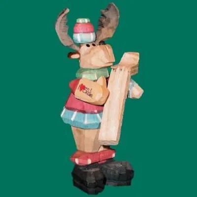 Produktbild von Holzfigur Elch Skiunfall geschnitzt Höhe 9cm NEU