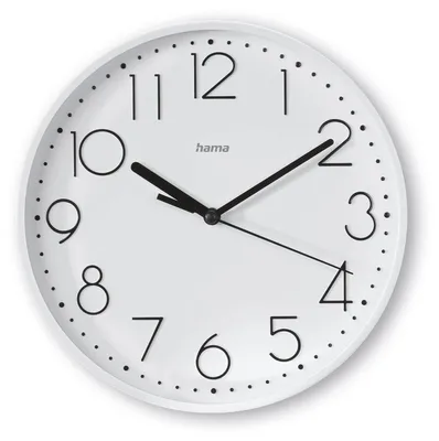 A white analog wall clock with black numbers and hands.