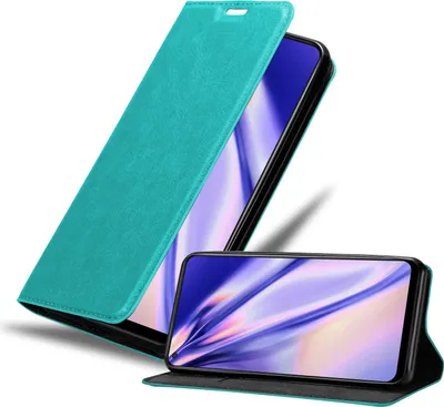 A turquoise flip case for a smartphone is shown, with the phone inside and the case open, displaying the phone's screen. A second phone in the case is shown in a stand-up position.
