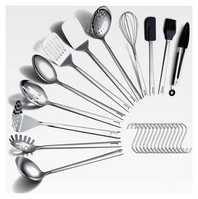 Produktbild von 26-teiliges Edelstahl-Kochutensilien-Set, robustes Küchenwerkzeug-Set mit Haken, Metallspatel-Set, langlebige hochglanzpolierte Küchenutensilien für verschiedene Kochaufgaben