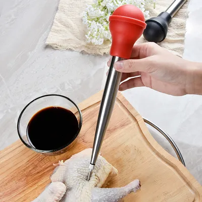 Image de Seringue à dinde en acier inoxydable avec poire en caoutchouc, pompe manuelle, aiguille et brosse de nettoyage – Accessoire pour assaisonner les grillades, rouge