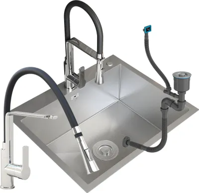 Obrázek produktu pro Granitan | Ocelový dřez – dřez s 1 komorou – 60 x 50 cm – obdélníkový – stříbrný – s flexibilní kuchyňskou baterií – se sadou příslušenství – Vegas