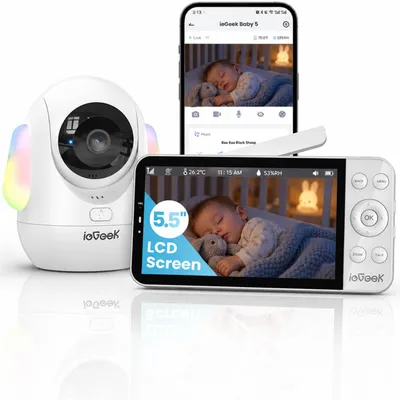 Productafbeelding van ieGeek Babyfoon met camera, 2.5K, 4MP, 5,5 inch scherm, Wi-Fi videobabyfoon, 2,4 GHz en 5 GHz, pan-tilt-zoom (PTZ), 360° bereik, intelligente nachtlamp, mobiele app