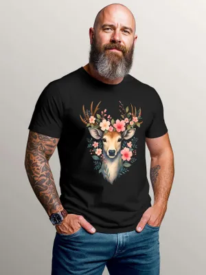 Produktbild von Herren T-Shirt für das Hirsch mit Blumenkranz Fun-Shirt Trachtenshirt Bierfest Outfit Moonworks®