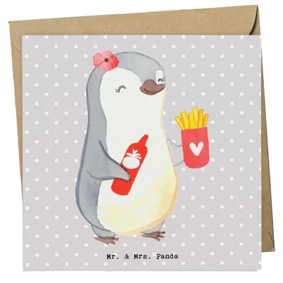 Produktbild von Mr. & Mrs. Panda Glückwunschkarte Imbissverkäuferin Herz - Grau Pastell - Geschenk, Imbissbesitzerin, anlasskarte, Pommes mit Ketchup, Grußkarte, faltkarte, Pommesliebe