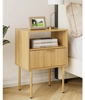 Immagine prodotto di Tavolino da notte con 1 vano aperto e 1 cassetto, in legno di quercia/bianco, dimensioni 40x30x56 cm
