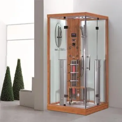 Obrázok produktu pre PureHaven 2v1 parná sprcha a infračervená sauna 100x100x215 cm hliníkový rám kompletné príslušenstvo tropické sedadlo rádio masážna funkcia farba dreva