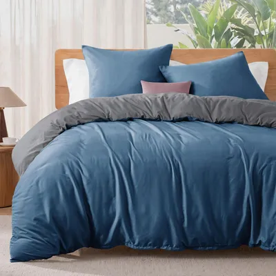 Produktbild von Bettwäsche-Set 155x220 cm, 1 Bettbezug, 2 Kissenbezüge 80x80 cm, Marineblau, Mikrofaser, Reißverschluss