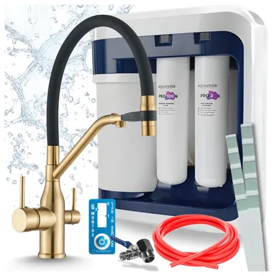 Produktbild von Wasserfiltersystem Mit 3-Wege-Küchenarmatur Ari, Umkehrosmose, Keramikkartusche, 360 Grad Schwenkbar, Perlator, Messing, Gebürstetes Gold
