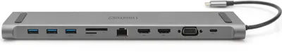 Produktbild von Digitus 11-Port USB-C Dock, grey, 2x HDMI, VGA, Kabelgebunden, USB 3.2 Gen 1 (3.1 Gen 1) Type-C, 100 W, 10,100,1000 Mbit/s, Silber, MicroSD (TransFlash), SD