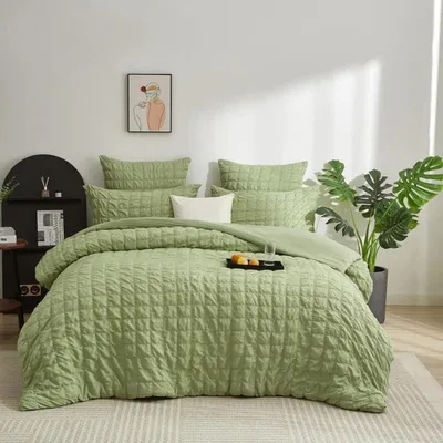 Produktbild von Bettwäsche Set Seersucker Grün 220x240cm Kariert Gebürstete Mikrofaser 3-teilig mit Reißverschluss