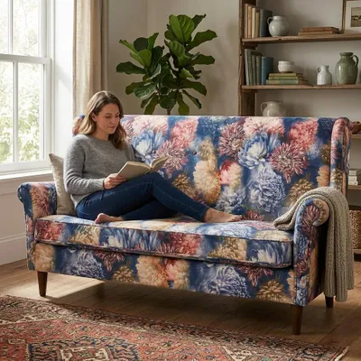 Produktbild von Schlafsofa ARI Spring – Blumenmuster, Webstoff in Blau, Family Meble, KI-generiertes Bild