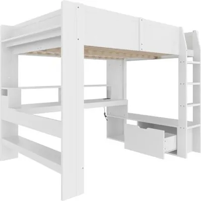 Produktbild von Weiss Hochbett 140x200cm Gamingbett Schreibtisch LED Schublade Regale Ohne Matratze Funktionsbett Jugendbett Einzelbett Gaestebett Kinderbett