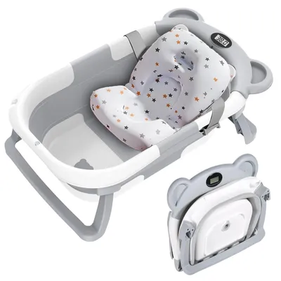 Produktbild von Baby Badewanne - Faltbare Babybadewanne - Rutschfest mit Thermometer und Badekissen - Für Neugeborene bis Kleinkinder - Grau