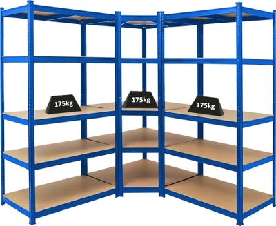 A blue metal shelving unit with tan shelves, arranged in a corner configuration. Three black weights labeled '175kg' are placed on some of the shelves.