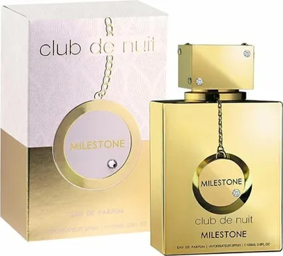 A perfume bottle and its packaging are displayed against a white background.