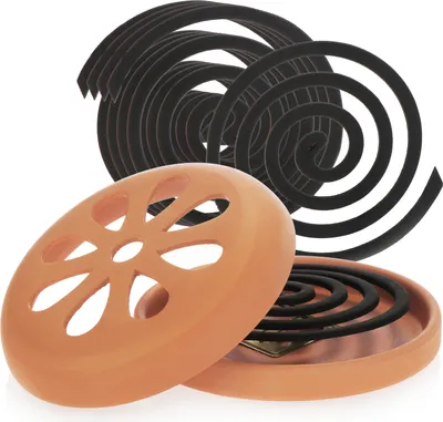 Produktbild von com-four® 6x Anti-Mücken-Spirale mit 1x Terrakotta-Behälter - Mückenkreisel mit Zitronenduft und Räucherspiralenhalter aus Ton - Moskitokringel-Halter - Outdoor Räuchertopf