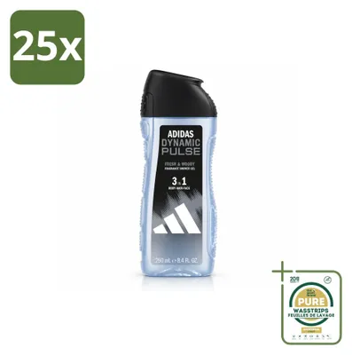Imagen del producto de 25 unidades de gel de ducha Adidas Dynamic Pulse 3 en 1, 250 ml, pack ahorro