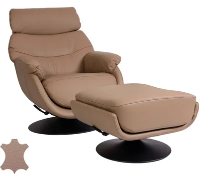 Produktbild von Relaxsessel mit Hocker HWC-K99, Fernsehsessel Sessel, Wippfunktion drehbar, Metall Echtleder/Kunstleder  taupe
