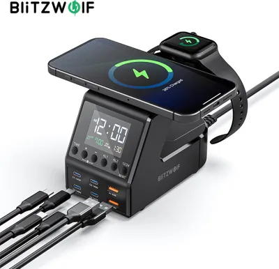Zdjęcie produktu dla BlitzWolf BW-FW10 240W ładowarka GaN 10 w 1, bezprzewodowa stacja ładująca z budzikiem, 2 USB-A i 4 USB-C, szybka ładowarka PD3.1 QC4.0, wtyczka EU