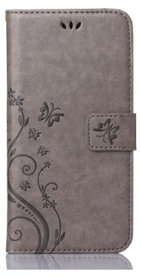 A gray flip case for a Samsung Galaxy S21 phone, decorated with a floral and butterfly pattern.