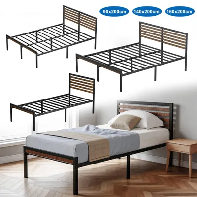 Zdjęcie produktu dla ACXIN Eleganckie metalowe łóżko z imitacją słojów drewna, 160 x 200 cm, z zagłówkiem, solidne i dekoracyjne