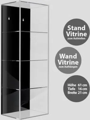 Produktbild von Hochwertige Acryl-Vitrine mit schwarzer Rückwand und 4 Ebenen. Einschub an der Vorderseite kann komplett geöffnet werden. Wahlweise als Stand-oder Wandvitrine zu verwenden, wird aufgebaut geliefert