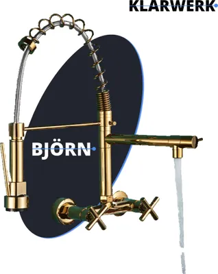 Produktbild von Björn | Gastronomie Wandmontage Armatur Gold glänzend | Profi Küchenarmatur Edelstahl Zwei Brausen | Doppelspülbecken Wasserhahn Restaurant Wand