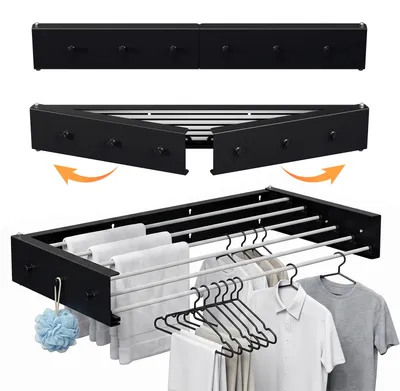 Image de Étagère à linge pliable Peviasot, 100 cm, séchoir mural résistant aux intempéries pour balcon, terrasse et intérieur, revêtement anti-rouille, 6 barres, capacité de charge de 30 kg, couleur noire