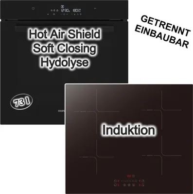 Produktbild von Herdset Backofen Hydrolyse HeatWrap SoftClose 73 Liter Schwarz + Induktionskochfeld Booster Touch Slider Daewoo PKM