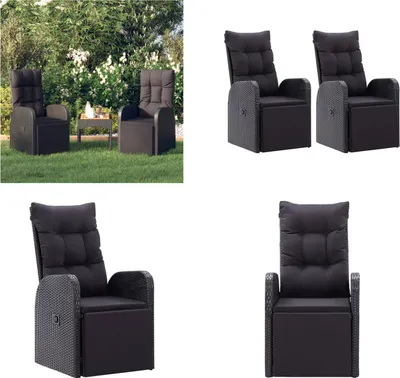 Image de vidaXL Fauteuil de jardin avec coussin 2 pcs. Réglable Noir Poly Rotin - Chaise longue de jardin - Chaise longue de jardin - Fauteuil de relaxation - Meuble de jardin