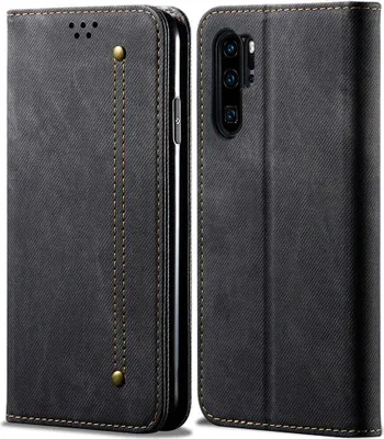 Produktbild von Huawei P30 Pro Hülle, LaimTop Denim Leder Brieftasche Magnetverschluss Flip Bookstyle Schutzhülle mit Standfunktion für Huawei P30 Pro Schwarz
