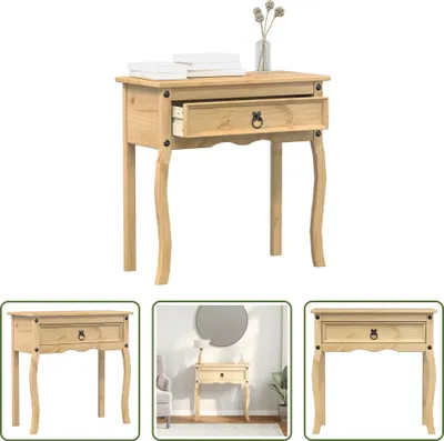 A wooden console table with one drawer is shown against a white background. There are also two smaller images of the same table, one in a room setting and another close-up.