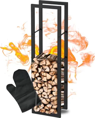 Produktbild von DELUKE® Kaminholzregal innen Metall KEOP | Schwarz | 40x25x150cm | Brennholzregal Inkl. Ofenhandschuh | Feuerholzregal Kaminholzhalter Holzständer Holzhalter Holzlager